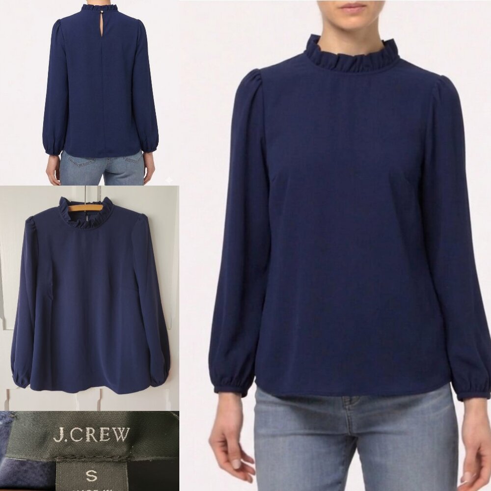 J crew Navy Long-sleeve ruffle neck top blouse 365 crepe AI563